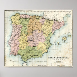 Poster Mapa antigo da espanha e do Portugal