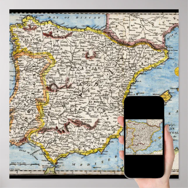 Póster Mapa antigo da Espanha e Portugal na década de 170