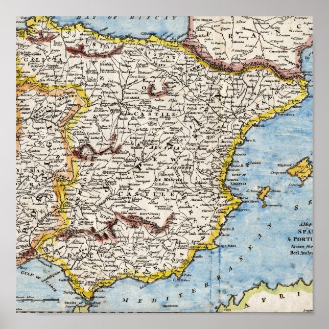 Póster Mapa antigo da Espanha e Portugal na década de 170 (Frente)