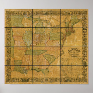 Póster Mapa antigo da estrada de ferro 1856 dos Estados