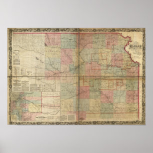 Póster Mapa antigo da estrada de ferro 1867 de Kansas