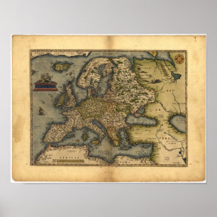 Póster Mapa antigo da Europa ORTELIUS ATLAS 1570 d.C.