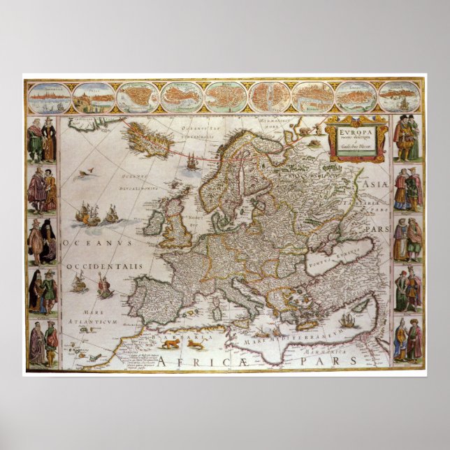 Póster Mapa antigo da Europa por Willem Jansz Blaeu, c161 (Frente)