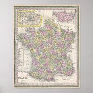 Poster Mapa Antigo da França, 1853