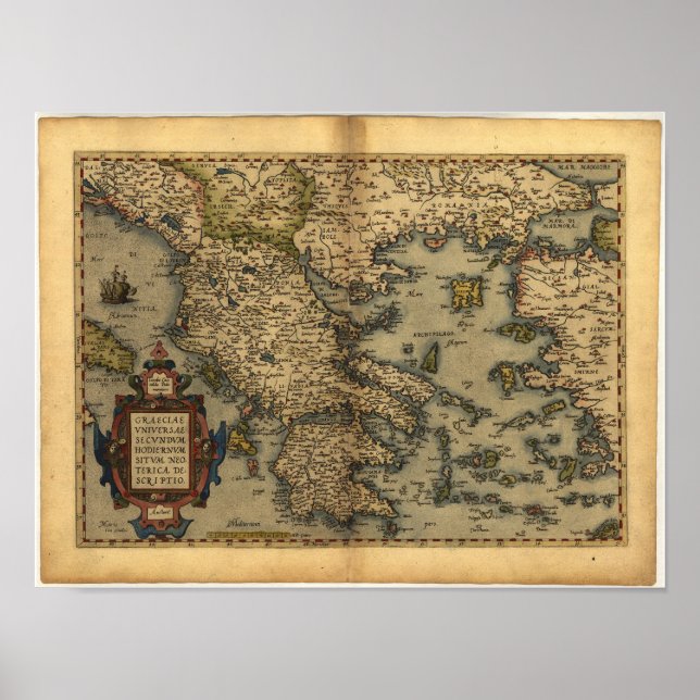 Póster Mapa antigo da Grécia ORTELIUS ATLAS 1570 A.D. (Frente)