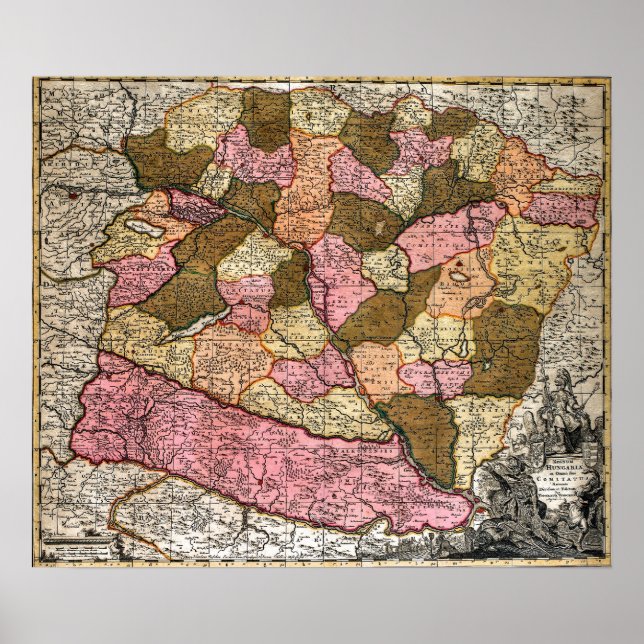 Póster Mapa antigo da Hungria (Frente)