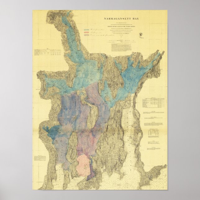 Póster Mapa antigo da ilha Rhode de Narragansett Bay (Frente)