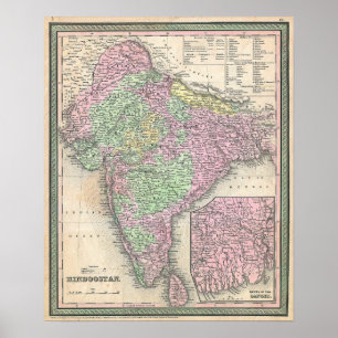 Poster Mapa Antigo da Índia, 1853