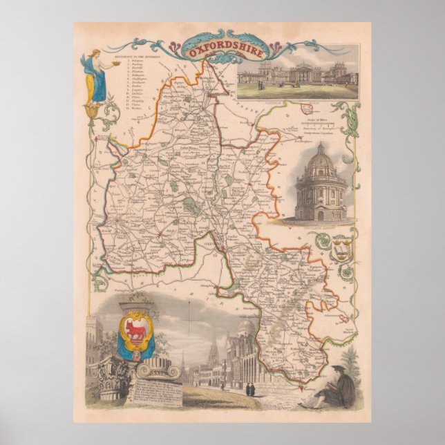 Poster Mapa antigo da Inglaterra de Oxfordshire (1850) (Frente)