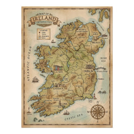 Póster Mapa Antigo da Irlanda - Poster da Ilha Esmeralda