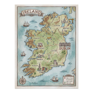 Póster Mapa Antigo da Irlanda - Poster da Ilha Esmeralda