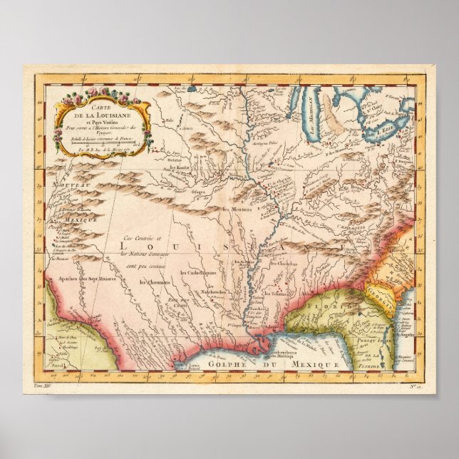 Póster Mapa antigo da Louisiana 1760 (Frente)