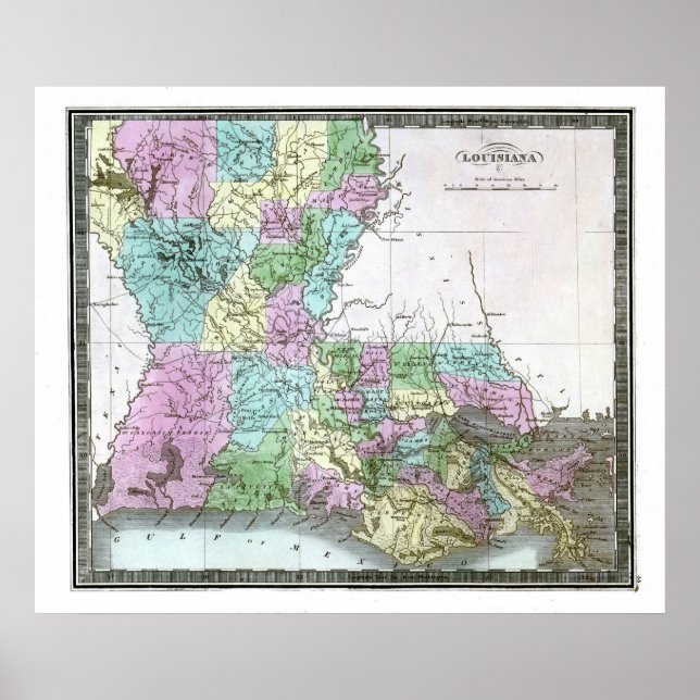Poster Mapa antigo da Louisiana em 1848 (Frente)
