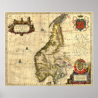 Póster Mapa antigo da Noruega