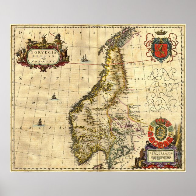 Póster Mapa antigo da Noruega (Frente)