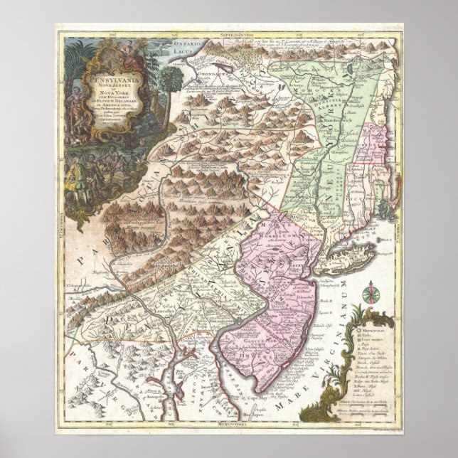 Poster Mapa Antigo da Nova Inglaterra e Estados Atlântico (Frente)