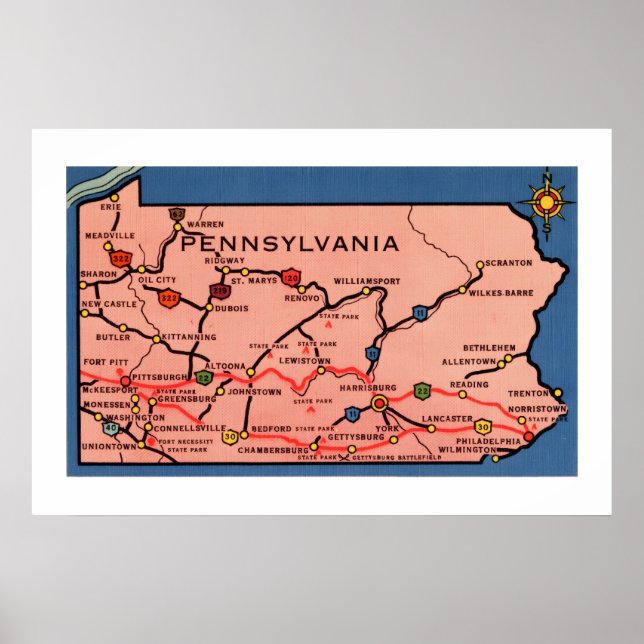 Poster Mapa Antigo da Pensilvânia 20x30   (Frente)