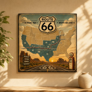 Poster Mapa Antigo da Rota 66 Bomba de Gasolina Paisagem