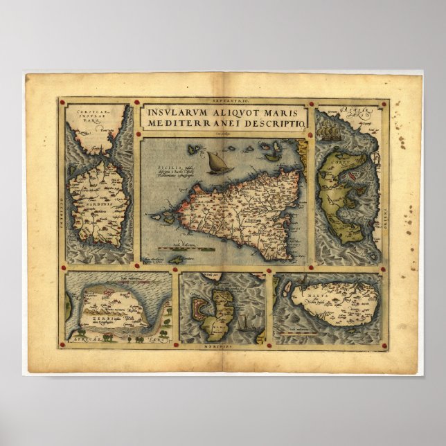 Póster Mapa antigo da Sicília ORTELIUS ATLAS 1570 d.C. (Frente)