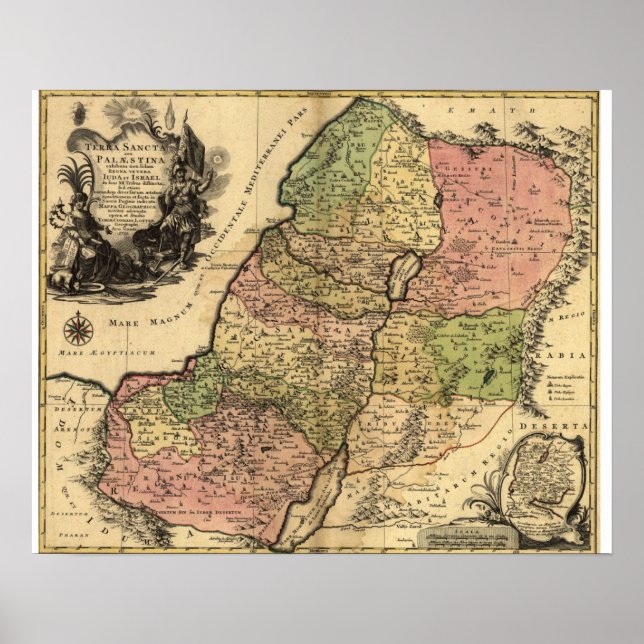 Póster Mapa antigo da Terra Santa e das 12 Tribos (1759) (Frente)