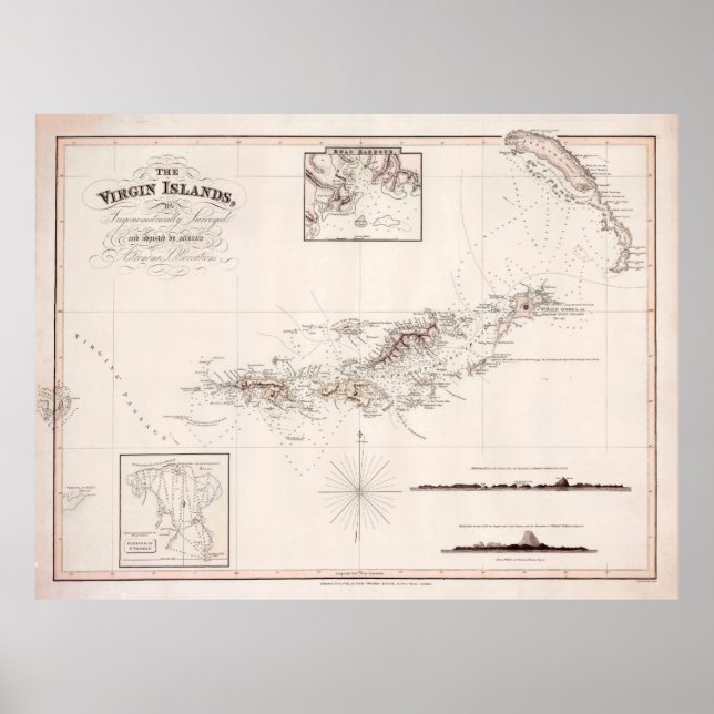 Poster Mapa antigo das Ilhas Virgens (1821) (Frente)