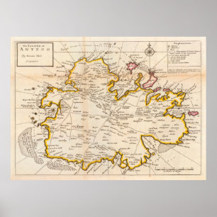 Poster Mapa Antigo de Antígua (1736) Vintage Waladli Isl