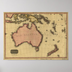 Póster Mapa antigo de Austrália e de Nova Zelândia 1818