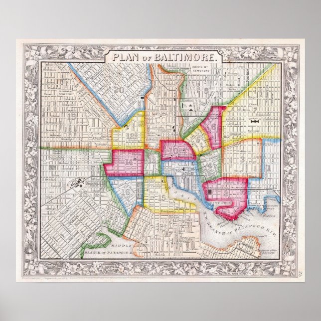 Poster Mapa Antigo de Baltimore, 1860 (Frente)