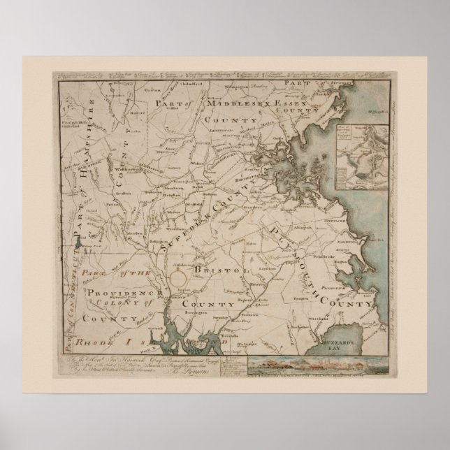 Póster Mapa antigo de Boston e Environs 1775 (Frente)