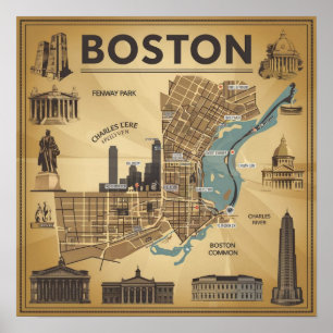 Poster Mapa Antigo de Boston Massachusetts, Mapa de Bosto