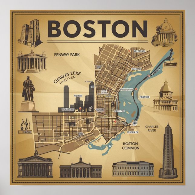 Poster Mapa Antigo de Boston Massachusetts, Mapa de Bosto (Frente)