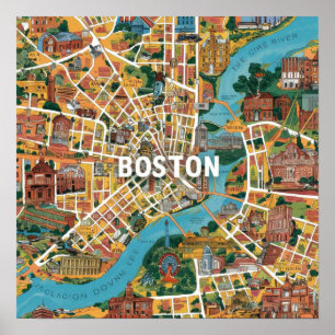 Poster Mapa Antigo de Boston Massachusetts, Mapa de Bosto