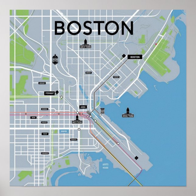Poster Mapa Antigo de Boston Massachusetts, Mapa de Bosto (Frente)