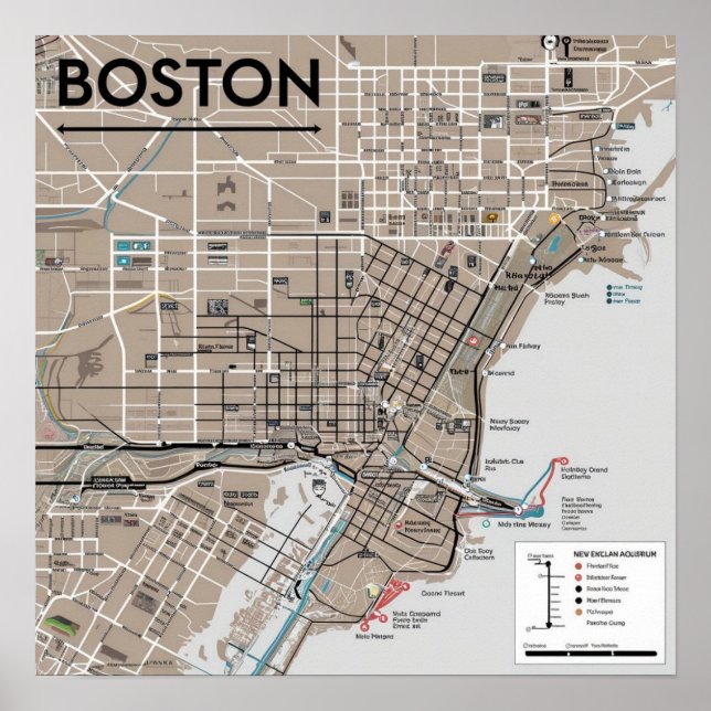 Poster Mapa Antigo de Boston Massachusetts, Mapa de Bosto (Frente)