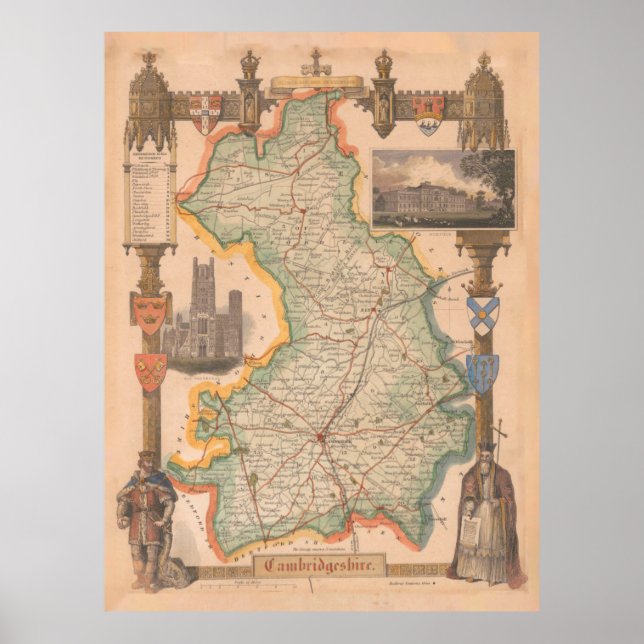 Poster Mapa antigo de Cambridgeshire no Reino Unido (1843 (Frente)
