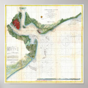 Póster Mapa antigo de Charleston Harbor Carolina do Sul