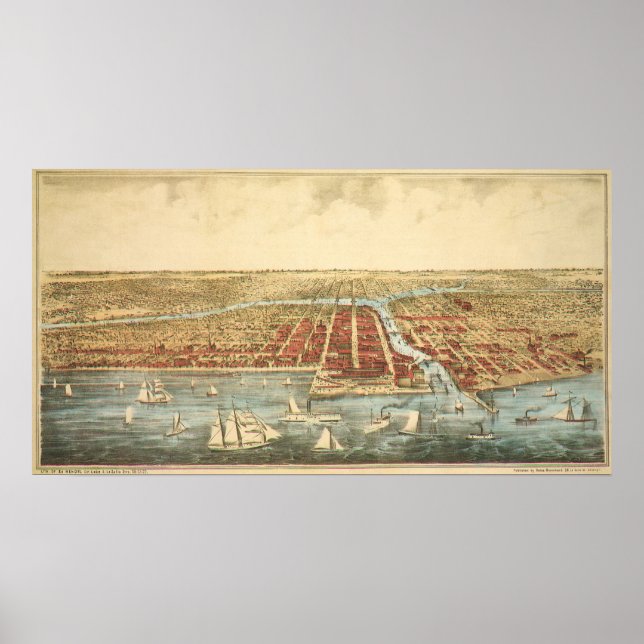 Póster Mapa Antigo de Chicago, Rua LaSalle e Rio (Frente)