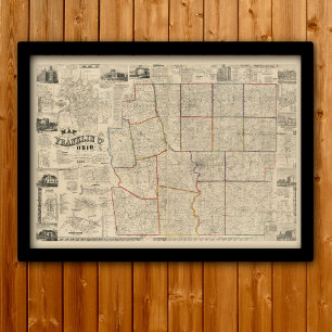 Póster Mapa antigo de Columbo, de Ohio & de Condado de