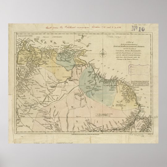 Poster Mapa antigo de Curaçau, Bonaire, Aruba, Suriname