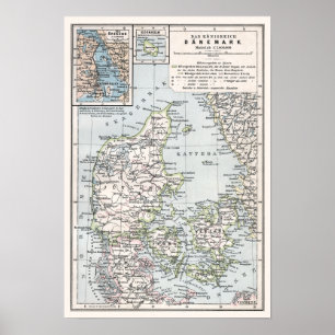 Póster Mapa antigo de Dinamarca, Danemark, Danmark
