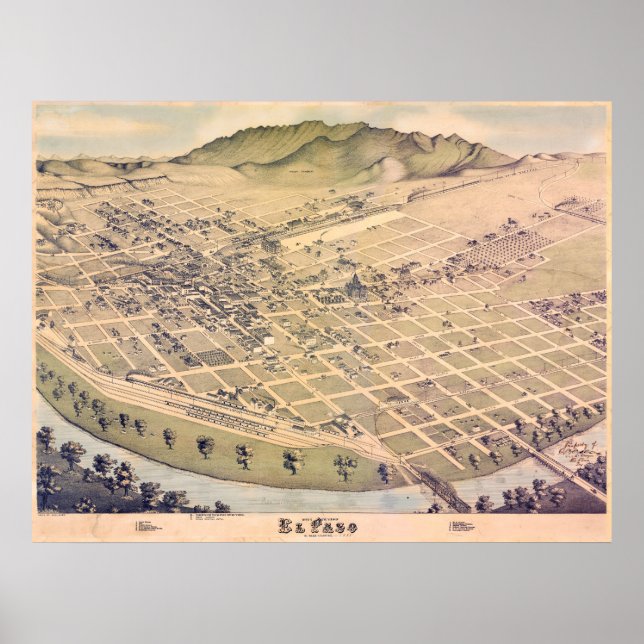 Póster Mapa antigo de El Paso, Texas, EUA, em 1885 (Frente)