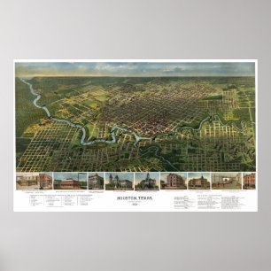 Poster Mapa antigo de Houston, Texas com Rio Buffalo