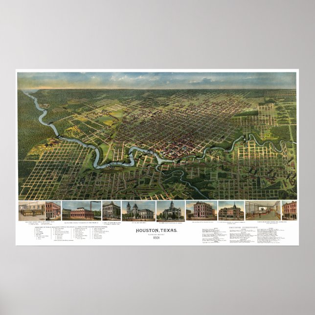 Poster Mapa antigo de Houston, Texas com Rio Buffalo (Frente)