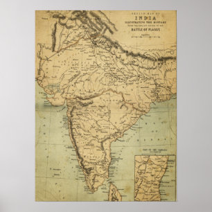 Póster Mapa antigo de India no século XIX