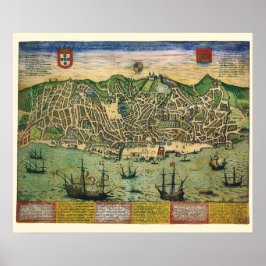 Póster Mapa Antigo de Lisboa, Portugal por Braun/Hogenber