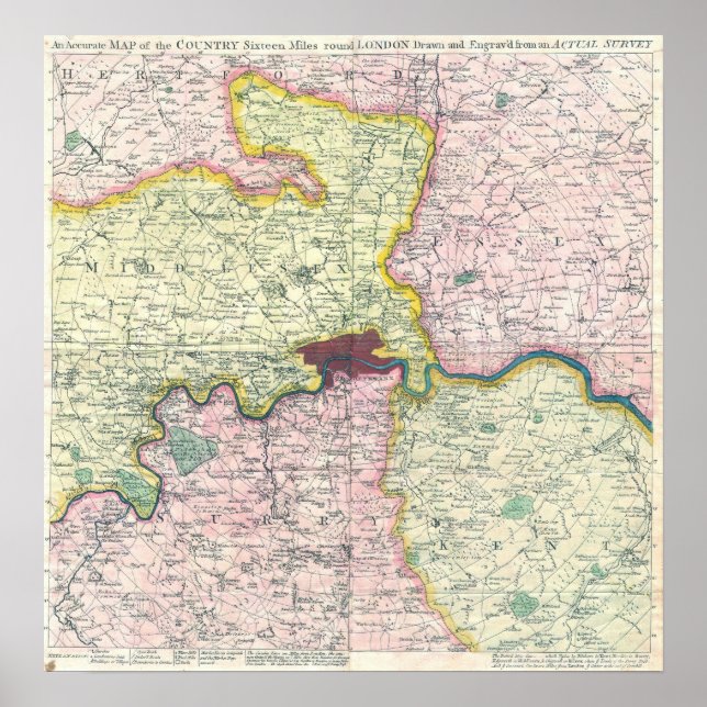 Poster Mapa Antigo de Londres e Área Circundante, 1764 (Frente)
