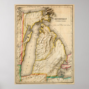 Poster Mapa antigo de Michigan 1822 com Alivio moderno