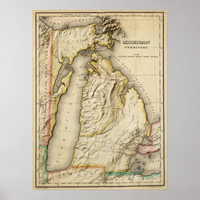 Poster Mapa antigo de Michigan 1822 com Alivio moderno (Frente)