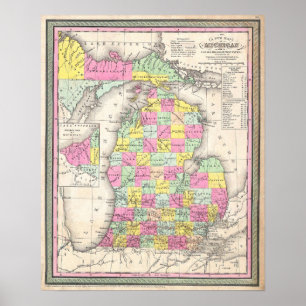 Poster Mapa Antigo de Michigan, 1853