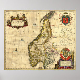 Póster Mapa antigo de Noruega
